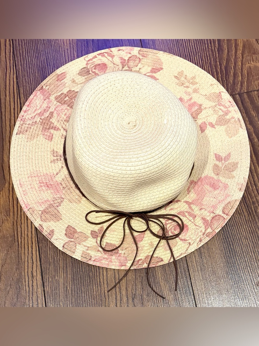 Floral Rose Wide Brim Straw Sun Hat, Tan & Pink w/ Brown Bow Tie Adjustable Fit